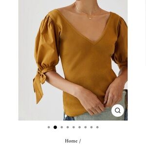 Maeve Anthropologie Puff-Sleeved Blouse Top Ribbed Tie Cuff Gold/Mustard Size XS